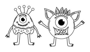 ensemble de drôles de monstres mignons, d'extraterrestres ou d'animaux fantastiques ailés pour les enfants à colorier ou à la mode. illustration vectorielle de dessin au trait dessiné à la main.