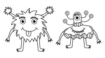 ensemble de drôles de monstres mignons, d'extraterrestres ou d'animaux fantastiques ailés pour les enfants à colorier ou à la mode. illustration vectorielle de dessin au trait dessiné à la main.