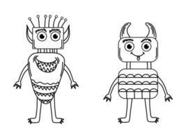 ensemble de drôles de monstres mignons, d'extraterrestres ou d'animaux fantastiques ailés pour les enfants à colorier ou à la mode. illustration vectorielle de dessin au trait dessiné à la main. vecteur