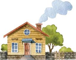 maison vintage vectorielle aquarelle dessinée à la main avec arbre et clôture. illustration de mignon petit chalet sur fond isolé blanc vecteur