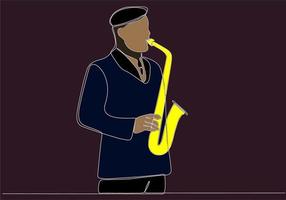 ligne continue homme soufflant instrument de saxophone jazz style simple illustration vectorielle de style de musique dessiné à la main vecteur