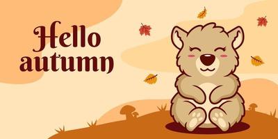 modèle de bannière de médias sociaux automne dessiné à la main avec illustration d'ours vecteur