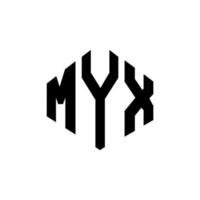 création de logo de lettre myx avec forme de polygone. création de logo en forme de polygone et de cube myx. modèle de logo vectoriel myx hexagone couleurs blanches et noires. monogramme myx, logo d'entreprise et immobilier.