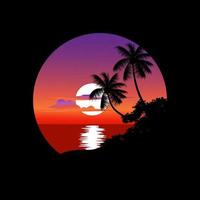 illustration de coucher de soleil nature avec silhouette de palmier et plage