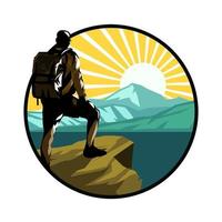 logo d'aventure en plein air avec randonneur et montagne vecteur