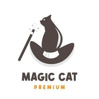 logo d'illustration de chat mignon combiné avec un chapeau magique vecteur