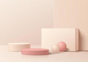 salle 3d abstraite avec ensemble de podium de piédestal de cylindre rose, crème et beige réaliste. élément de formes géométriques. scène minimale pour la présentation de l'affichage du produit. scène ronde pour vitrine. vecteur eps10.