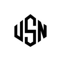 création de logo de lettre usn avec forme de polygone. création de logo usn en forme de polygone et de cube. modèle de logo vectoriel usn hexagone couleurs blanches et noires. monogramme usn, logo commercial et immobilier.