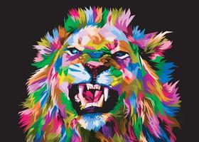 tête de lion colorée sur un style pop art isolée avec un fond noir vecteur