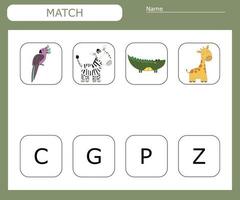 trouver la première lettre des animaux et se connecter. jeu éducatif pour les enfants. vecteur