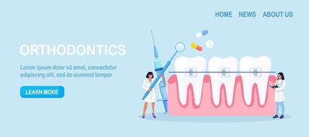 médecins installant des accolades dans une clinique d'orthodontie. médecin dentaire en uniforme traitant les dents humaines avec des accolades. prothèses et soins dentaires. traitement orthodontique et odontologie esthétique. vecteur