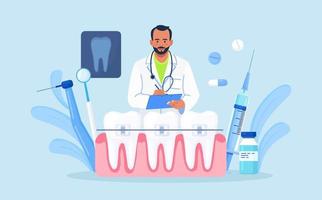 l'orthodontiste installe des appareils dentaires pour le redressement. petit dentiste médecin recherche image radiographique de la dent. dentisterie, pose d'appareils dentaires, alignement des dents. prothèses, traitement orthodontique vecteur