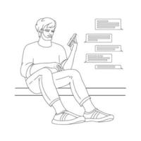 le jeune homme est assis et tient le téléphone. illustration vectorielle de contour. vecteur