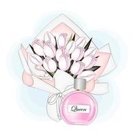 parfum et un bouquet de tulipes, illustration vectorielle de mode, impression vecteur