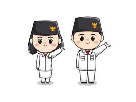 mignon garçon et fille personnage patrimoine drapeau hisser troupe indonésie fête de l'indépendance plat dessin animé illustration chibi kawaii vecteur
