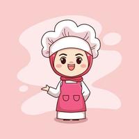 mignon et kawaii femme chef musulmane portant le hijab dessin animé manga chibi conception de personnages vectoriels vecteur