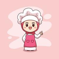 mignon et kawaii femme chef musulmane portant le hijab avec un doigt pointé dessin animé chibi vector character design