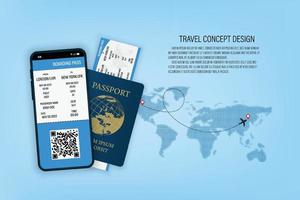 tourisme d'application en ligne de vecteur. voyageur avec réservation de smartphone et de passeport. truc pour voyager en avion. vecteur