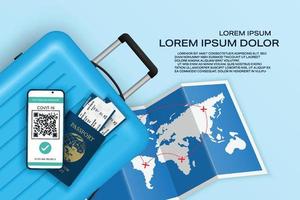 concept de passeport de coeur en ligne de vecteur. conserver les documents de voyage. certificat numérique vaccin covic-19 avec code qr. smartphone, carte du monde, billet d'avion, bagage bleu et réservation de passeport. vecteur