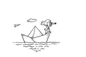 femme entrepreneur sur un bateau en papier utilisant un télescope pour rechercher une opportunité. concept de vision d'entreprise. conception d'illustration vectorielle dessinée à la main vecteur