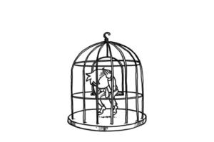 homme déprimé enfermé dans une cage à oiseaux. concept de vie non accomplie. conception d'illustration vectorielle de dessin animé vecteur