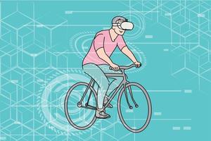 homme faisant du vélo dans le monde de la réalité virtuelle. illustration de conception plate vecteur