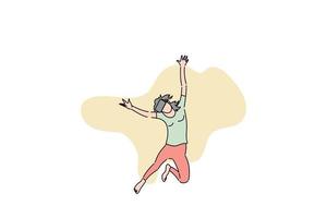 heureuse jeune femme sautant avec un appareil vr. illustration de conception plate vecteur