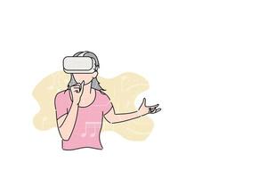 jeune femme chantant en ligne sur des applications vr. notion de réalité virtuelle. conception d'illustration vectorielle vecteur