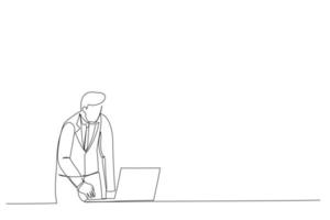 dessin animé d'un jeune homme d'affaires sérieux et concentré, entrepreneur professionnel, debout au bureau à domicile, regardant et tapant sur un ordinateur portable. style de conception à une seule ligne vecteur