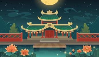 illustration du château chinois. sanctuaire shinto japonais la nuit. ancien bâtiment asain avec étang de lotos et montagnes vecteur