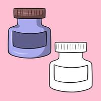 un ensemble d'images, un flacon de médicament en verre violet, un bocal en verre avec une étiquette, de la peinture violette, une illustration vectorielle en style cartoon sur fond coloré vecteur