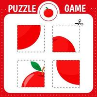 jeu de puzzle pour les enfants. pomme de bande dessinée. pratique de coupe. feuille de travail de développement de l'éducation. page d'activité. vecteur