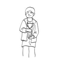 dessin au trait garçon souriant tenant le trophée sur sa poitrine illustration vecteur dessiné à la main isolé sur fond blanc