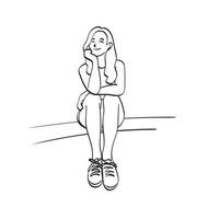 dessin au trait femme souriante aux cheveux longs assis avec la main touchant le menton illustration vecteur dessiné à la main isolé sur fond blanc