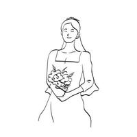 dessin au trait demi-longueur de mariée souriante tenant bouquet illustration vecteur dessiné à la main isolé sur fond blanc