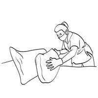 femme de chambre d'hôtel mettant en place un oreiller blanc sur un drap de lit dans une chambre d'hôtel illustration vecteur dessiné à la main isolé sur fond blanc dessin au trait.