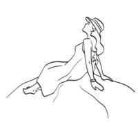 dessin au trait pleine longueur de femme avec chapeau assis sur le rocher illustration vecteur dessiné à la main isolé sur fond blanc