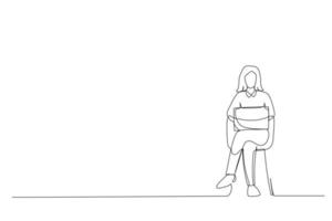 dessin animé d'une jeune femme heureuse travaillant en ligne, assise sur une chaise et utilisant un dessin au trait continu pour ordinateur portable vecteur