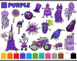 sertie de personnages de dessins animés et d'objets en violet vecteur