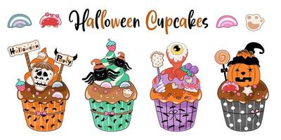 cupcakes d'halloween conçus dans un style doodle sur fond blanc. idéal pour décorer des thèmes d'halloween, des cartes, des motifs de t-shirts, des oreillers, des autocollants, des impressions numériques et plus encore. vecteur