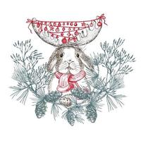 lapin dessiné à la main en chapeau d'hiver rouge, écharpe, bois et guirlande de boules couronne de noël lapin symbole nouvel an chinois 2023. décor de noël. l'art du tatouage. conception de style de gravure. vecteur