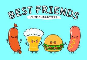 verre de bière mignon et drôle, saucisse à la moutarde et hamburger. personnages de kawaii de dessin animé dessinés à la main de vecteur, icône d'illustration. rigolote, dessin animé, verre, de, bière, saucisse, moutarde, et, hamburger, mascotte vecteur