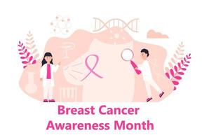 le mois national de sensibilisation au cancer du sein nbcam célébré en amérique. vecteur de concept plat pour bannière, affiche. de petits médecins traitent le cancer du sein.