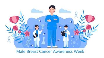 vecteur de concept de semaine de sensibilisation au cancer du sein masculin. l'événement est célébré en octobre. de minuscules médecins traitent l'homme. fleur, les feuilles sont montrées