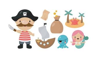 ensemble de pirates. pirate, pieuvre, bateau, île, carte, sirène, sac d'or. bon pour les cartes d'anniversaire, les invitations, les autocollants, les impressions, etc. illustration vectorielle en style cartoon. isolé sur fond blanc. vecteur