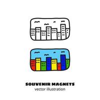 contour de doodle et aimant souvenir coloré ou autocollant avec des gratte-ciel de la ville isolés sur fond blanc. vecteur