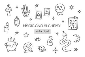 ensemble d'icônes de magie et d'alchimie de doodle, y compris marmite bouillante, potion, oeil voyant, cristal, livre de sorts, cartes de tarot, serpent, main de sorcière, lune, champignon, godille, bougies, etc. isolés sur fond blanc. vecteur