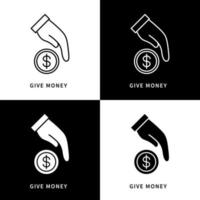 faire un don, faire de la charité et donner le logo de l'icône de l'argent. illustration de symbole vecteur argent et main