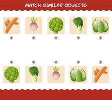 match similaire de légumes de dessin animé. jeu de correspondance. jeu éducatif pour les enfants d'âge préscolaire et les tout-petits vecteur