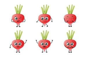 jeu de caractères vectoriels de légumes de radis de dessin animé mignon isolé sur fond blanc